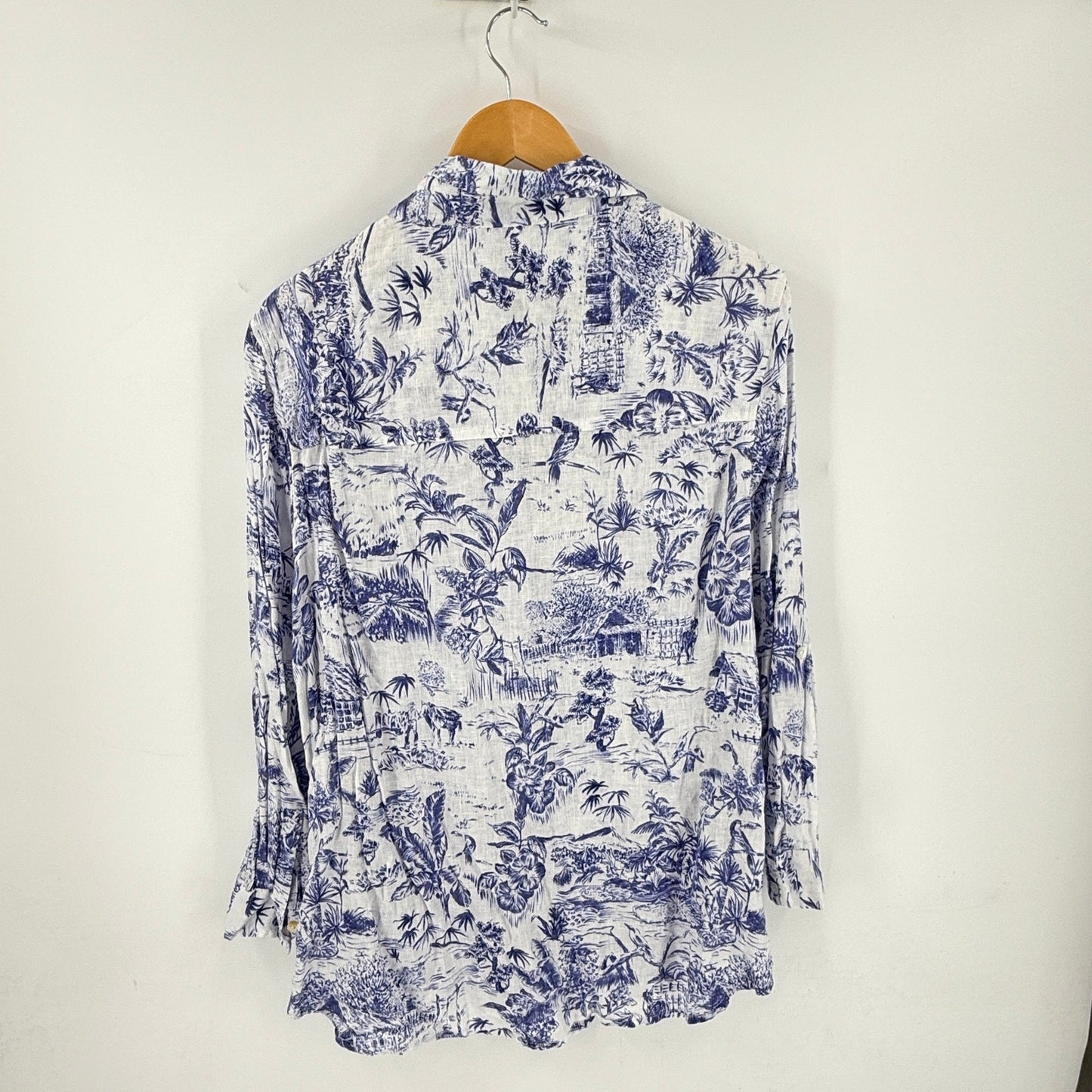 Joie 100% Linen Button Down Shirt Blue White Tropical Print 2X Coastal