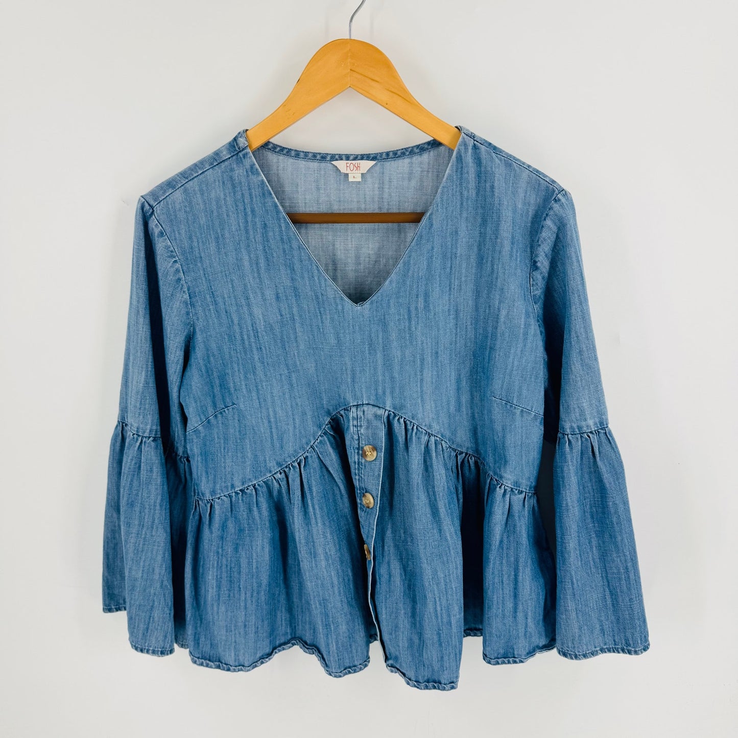 Boutique Fosh Chambray Peplum Blouse Long Bell Sleeve V-Neck Denim Top Size L