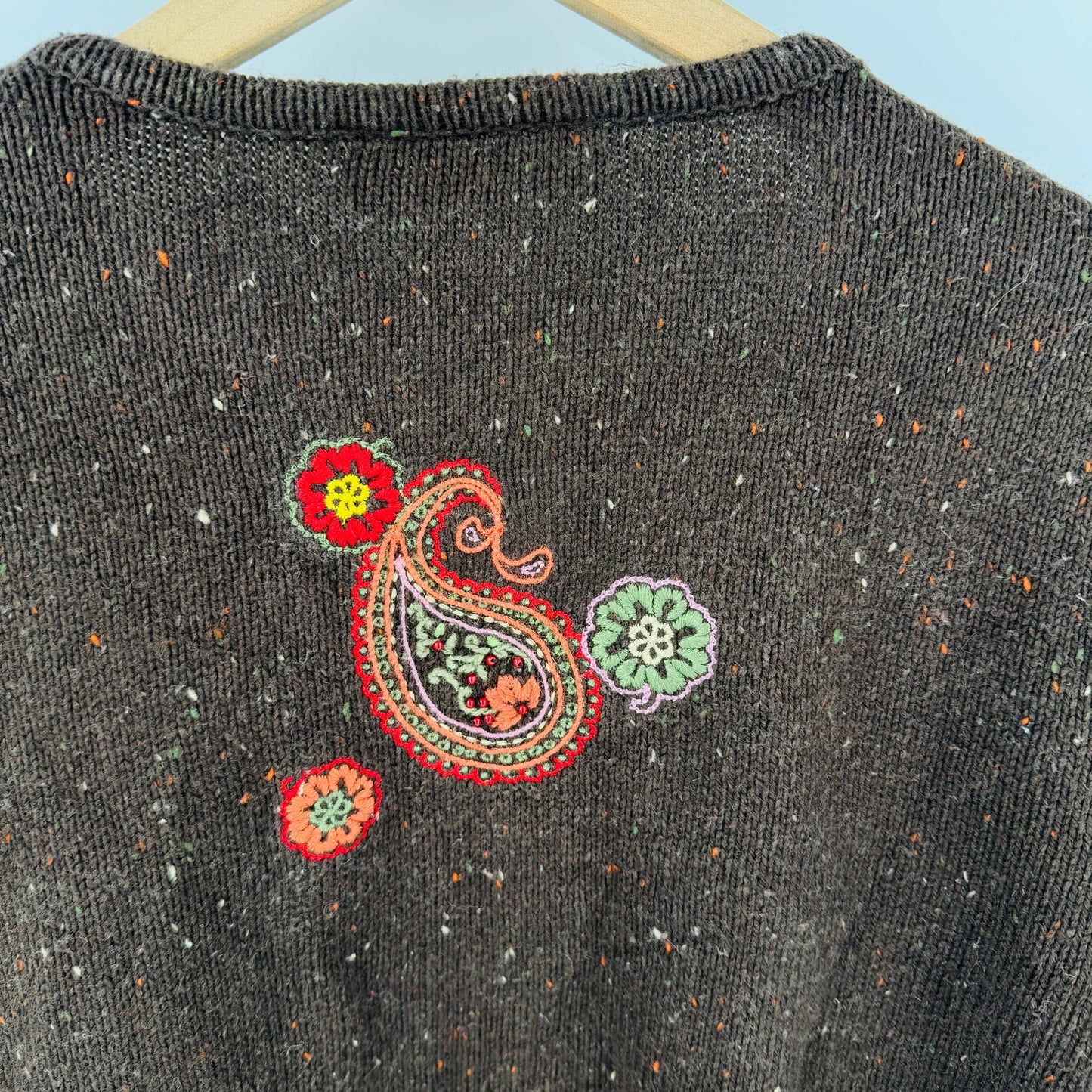 Vintage Croft & Barrow Embroidered Paisley Zip Cardigan Brown Sweater Size XL