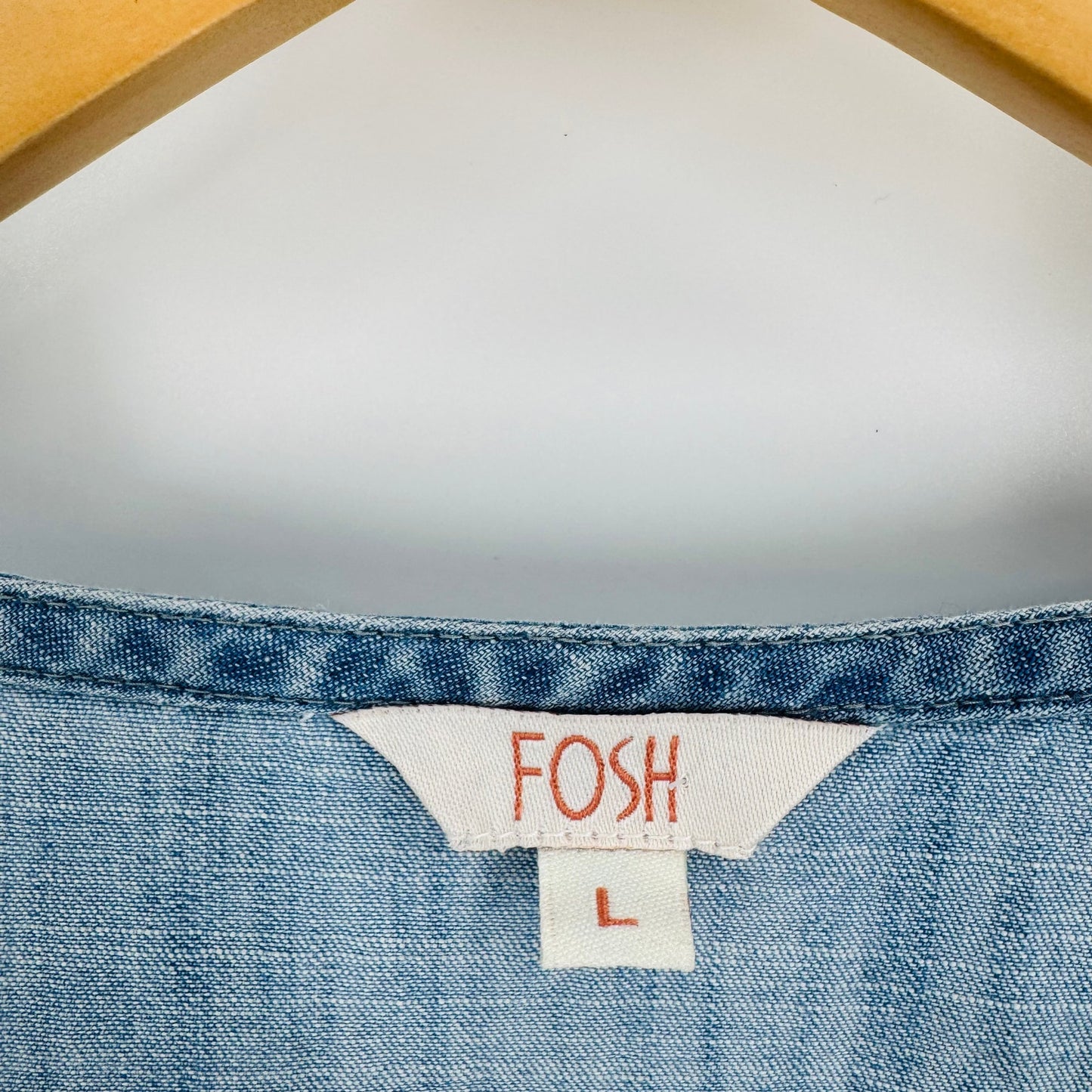 Boutique Fosh Chambray Peplum Blouse Long Bell Sleeve V-Neck Denim Top Size L