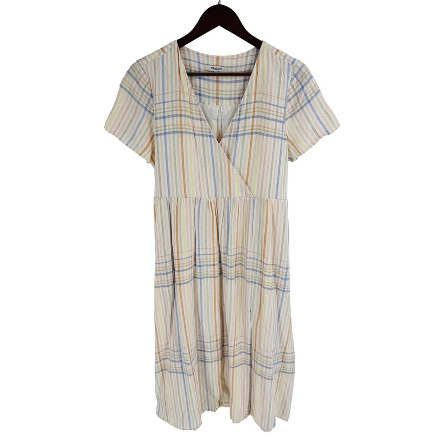 Madewell Clara Midi Dress Linen Blend Plaid V Neck Empire Waist Multi Size SP