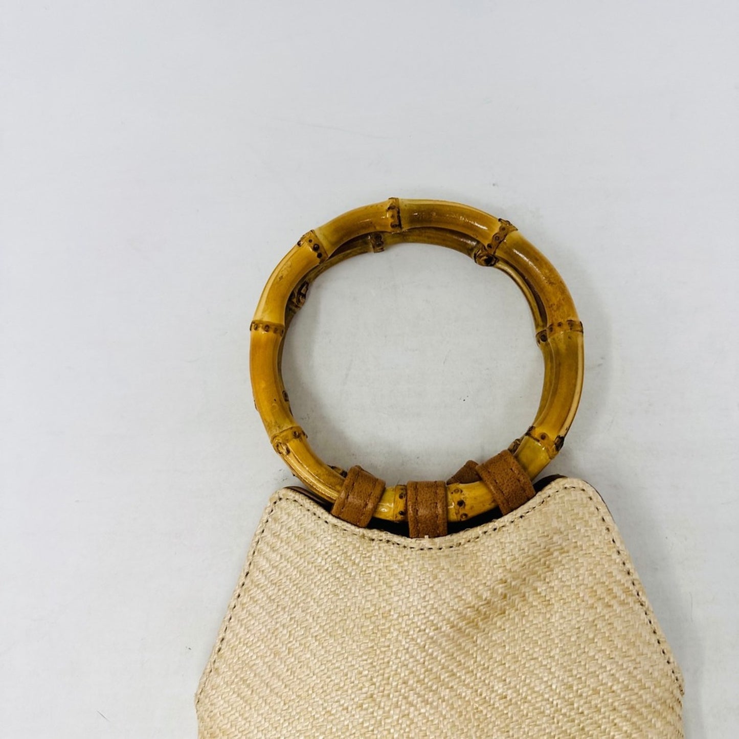 Lulus Small Woven Straw Beige Handbag Bamboo Ring Handle Boho Crossbody Bag Boho