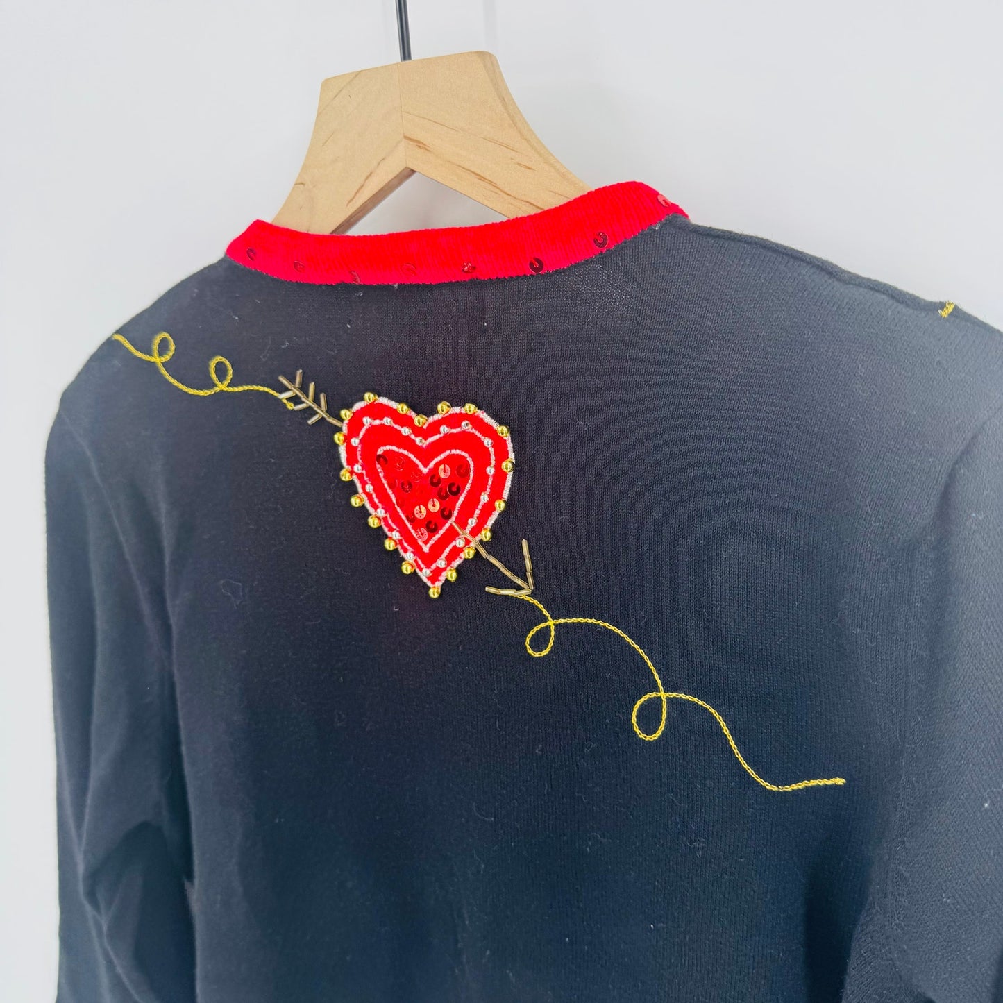 Vintage Jack B Quick Embellished Cardigan Heart Zip Black Red Sweater Size M