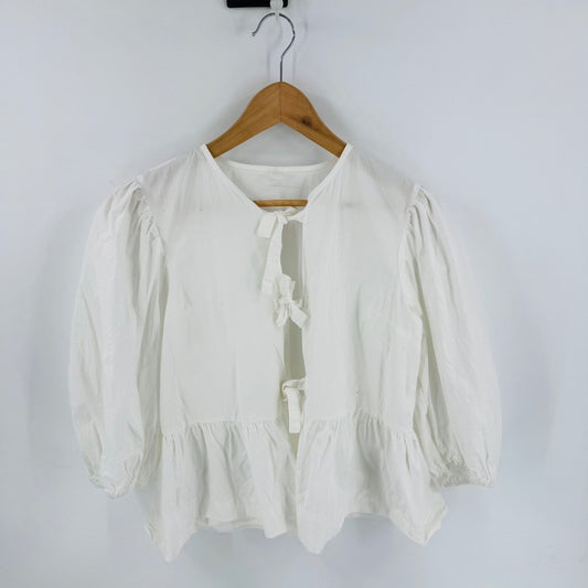 Unbranded White Peplum Triple Tie Front Puff Sleeve Top Size L Coquette Cottage