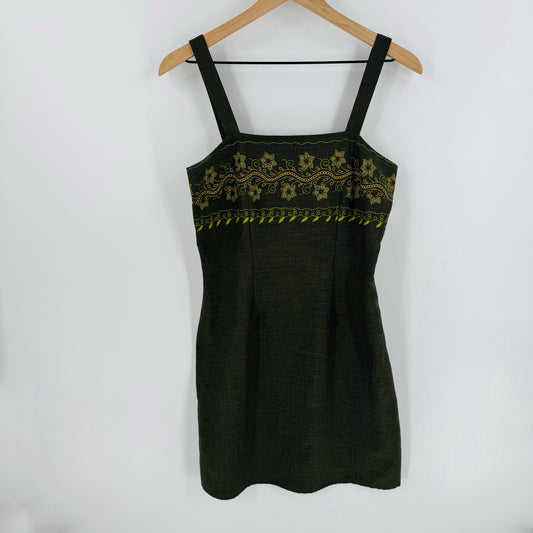 Vintage No Boundaries Olive Green Floral Print Boho Mini Dress Y2K Size Medium