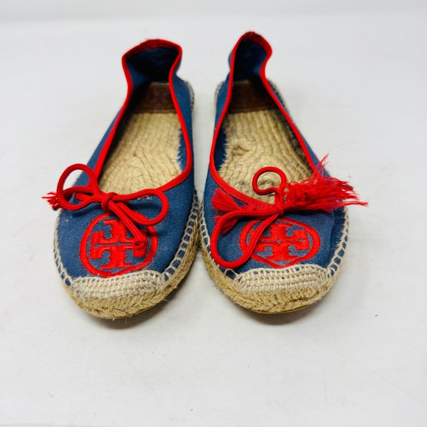 Tory Burch Canvas Espadrille Ballet Flats Bow Tassel Blue Red Slip On Size 8