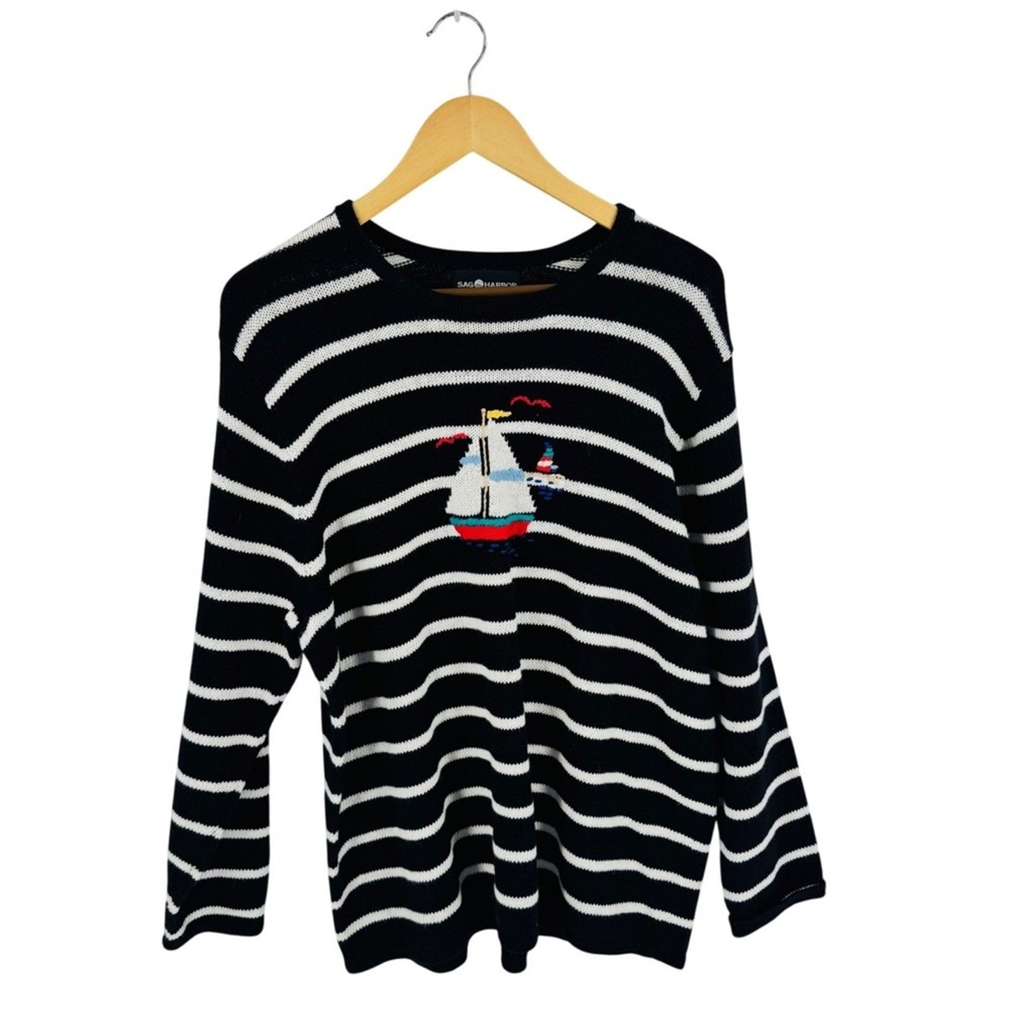 Vintage Embroidered Striped Sailboat Sweater Black Size 1X‎ Nautical Coastal