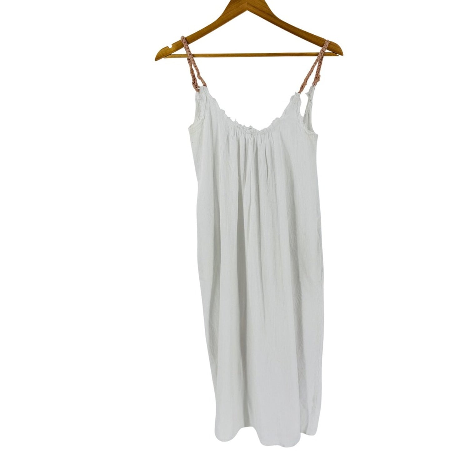 Barine White Gauze Cotton Pink Rope Strap Midi Dress Size L Beachy Boho Natural
