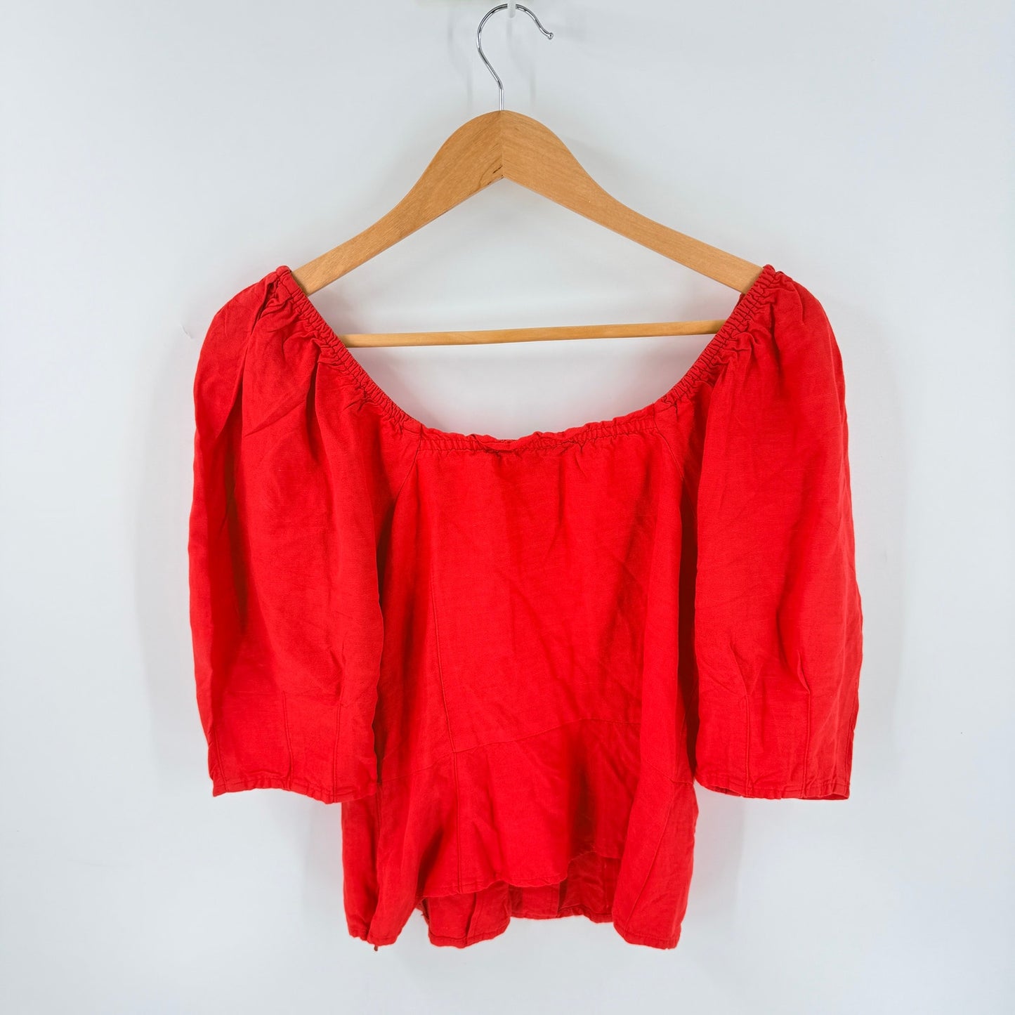Something Navy Linen Blend Puff Sleeve Top Red Small Coastal Americana