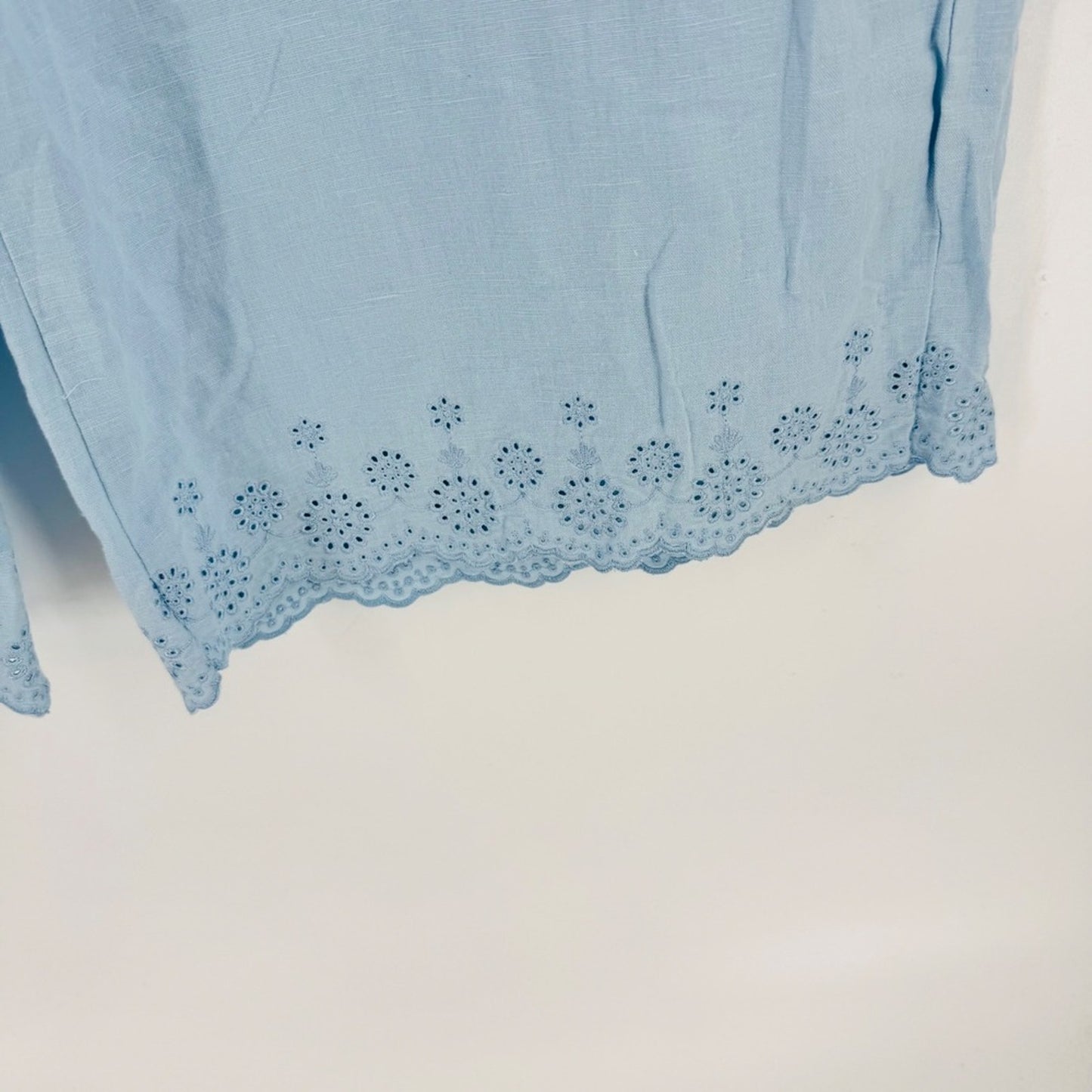 Aura Ashley Linen Blend Eyelet Hem Wide Leg Pants Pastel Blue Large Boho Coastal
