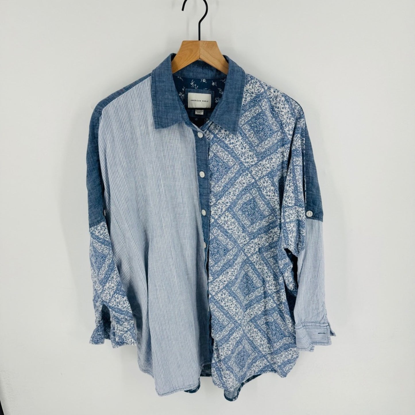 American Eagle Patchwork Linen Blend  Shirt Size XS Oversized Coastal Cowgirl