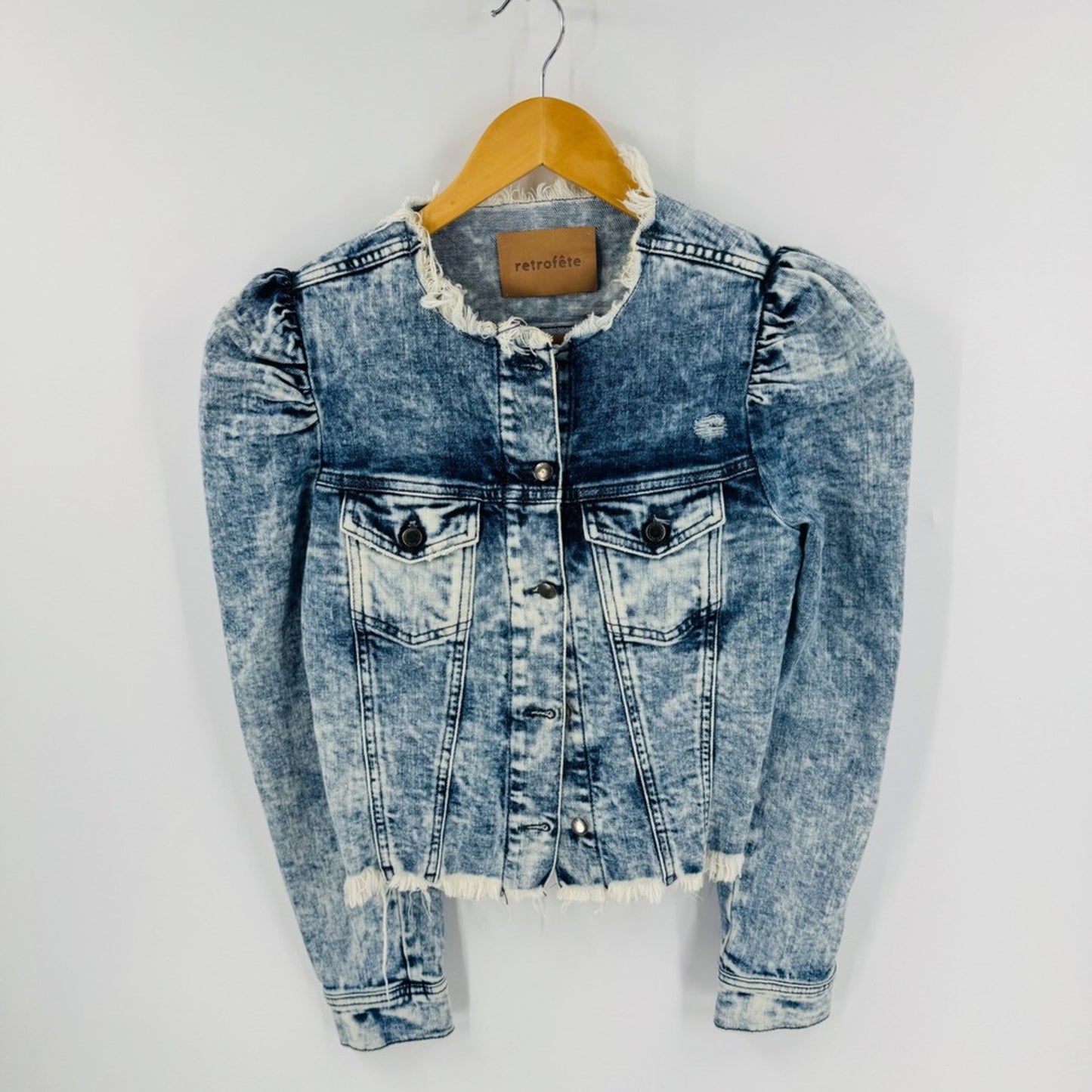Retrofête Acid Wash Denim Jacket Puff Sleeve Frayed Collar Cuff Cropped Size S
