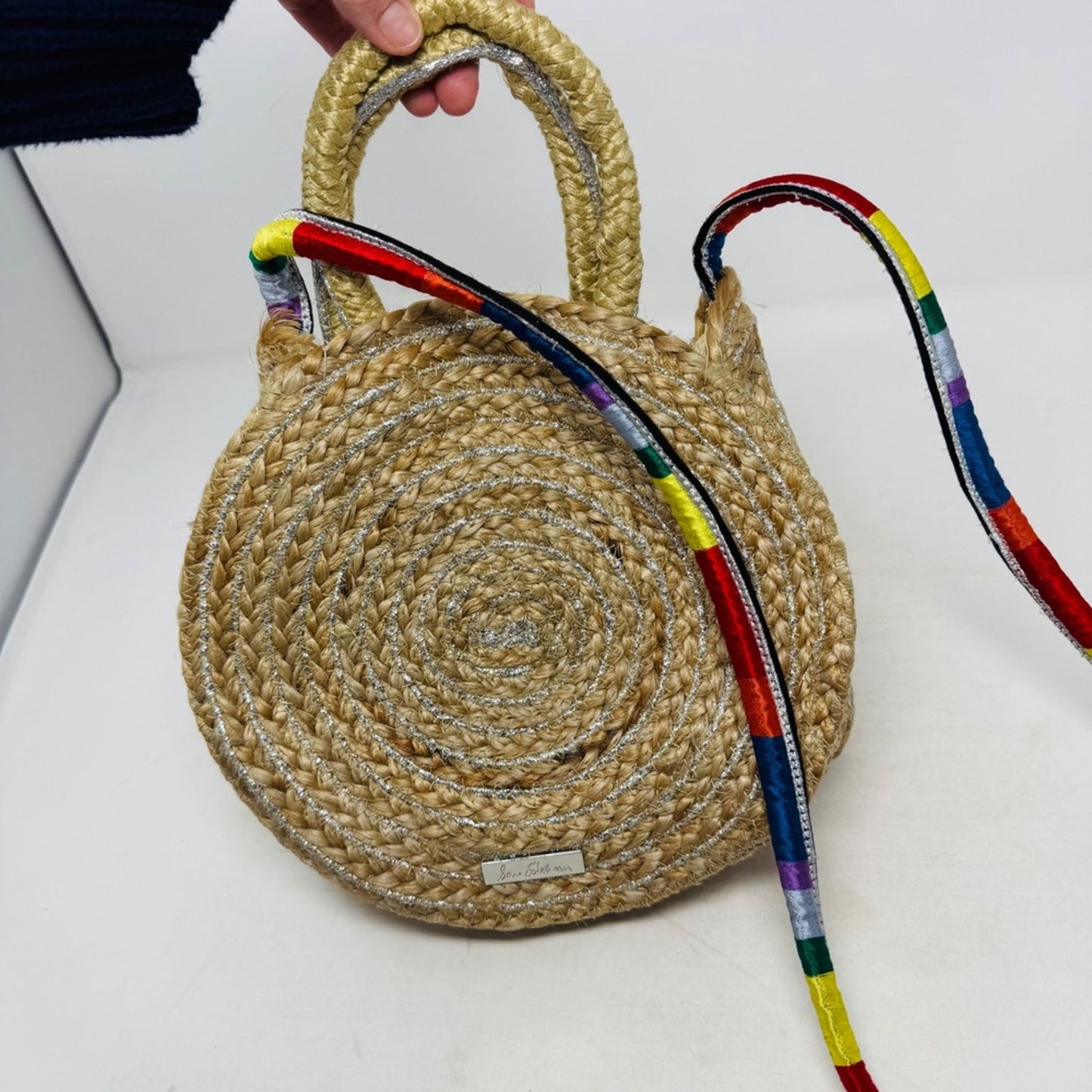 Sam Edelman NWT Round Straw Bag‎ Woven Silver Accents Rainbow Strap