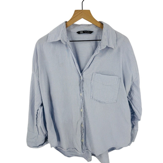 Zara Striped Button Down Shirt Blue White Cotton Relaxed Fit Collared Size L