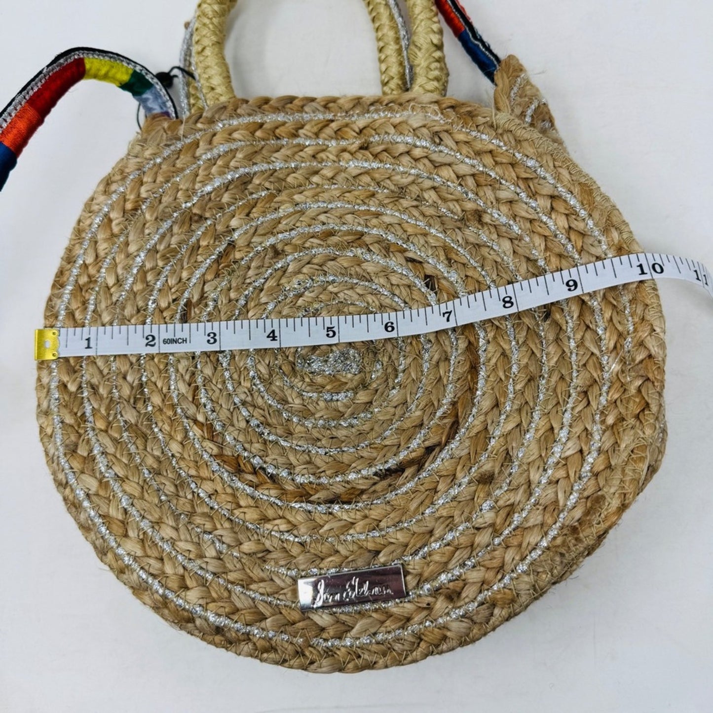 Sam Edelman NWT Round Straw Bag‎ Woven Silver Accents Rainbow Strap