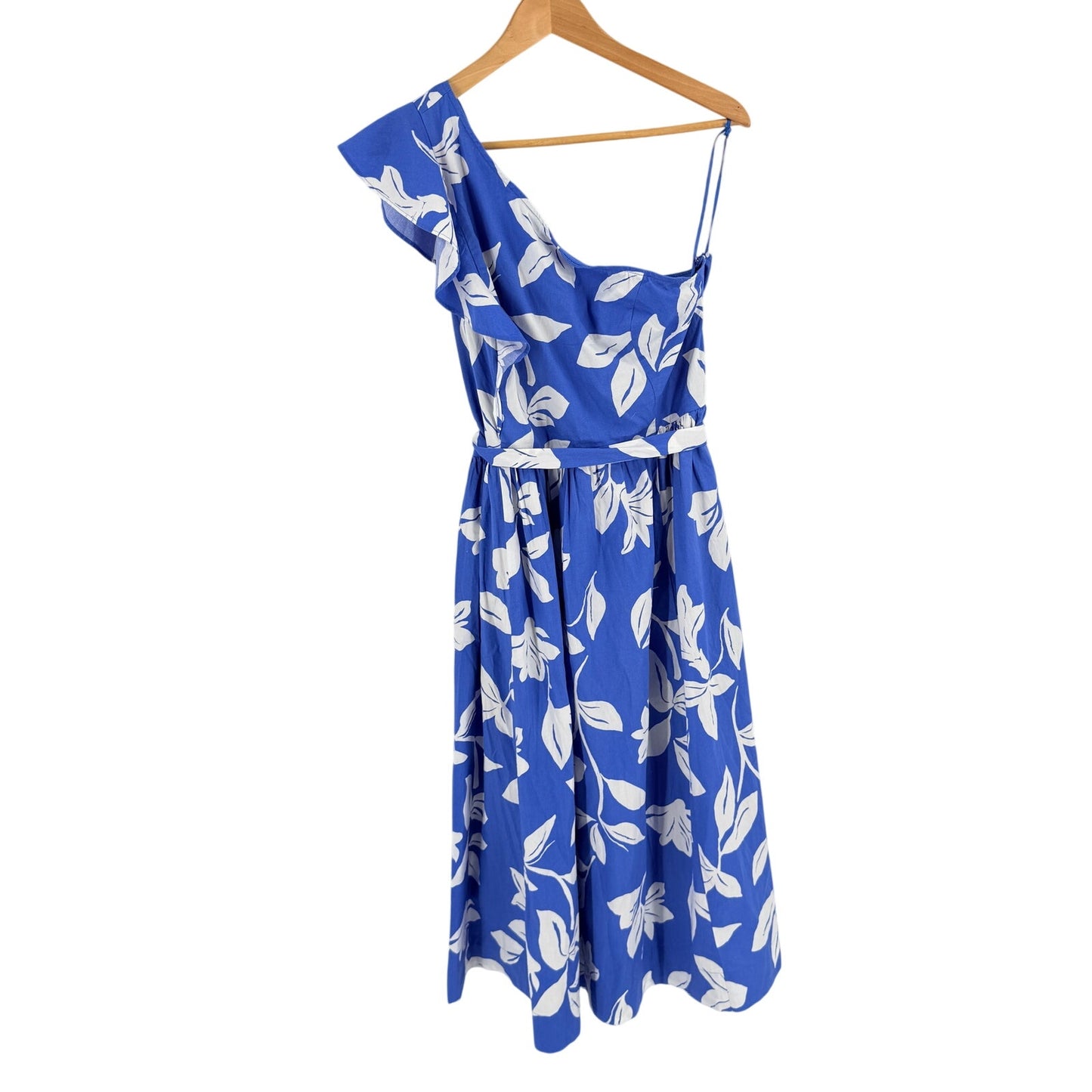 J. Crew Factory One Shoulder Floral Midi Dress Blue White Size 14 Belted