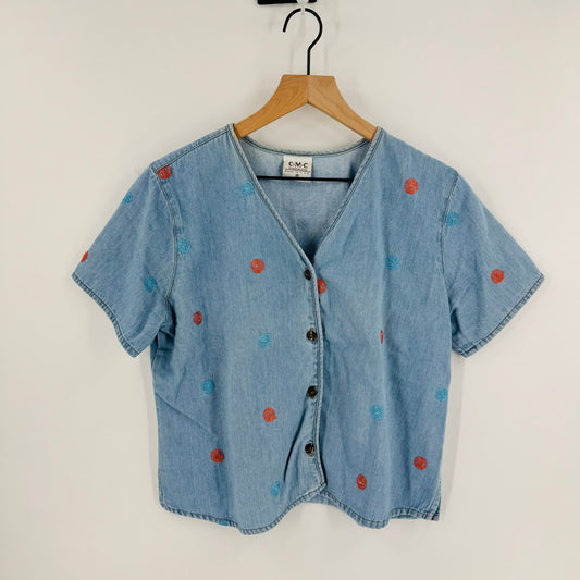 Vintage 90s CMC Embroidered Denim Chambray Button Down Short Sleeve Shirt Size M