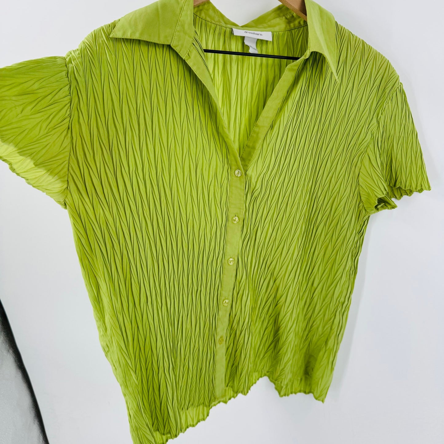 Vintage Dressbarn Green Crinkle Textured Short Sleeve Button Front Top XL