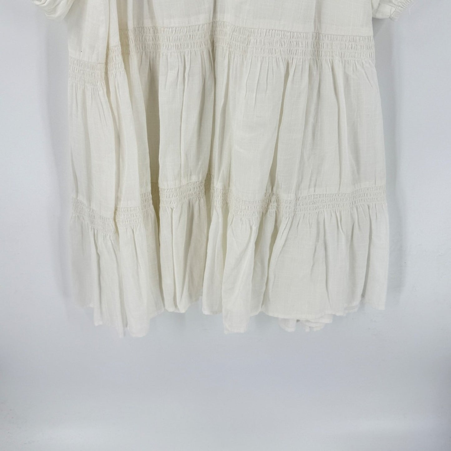 Anthropologie Steele Tiered White Mini Dress Medium Puff Sleeve Smocked Prairie