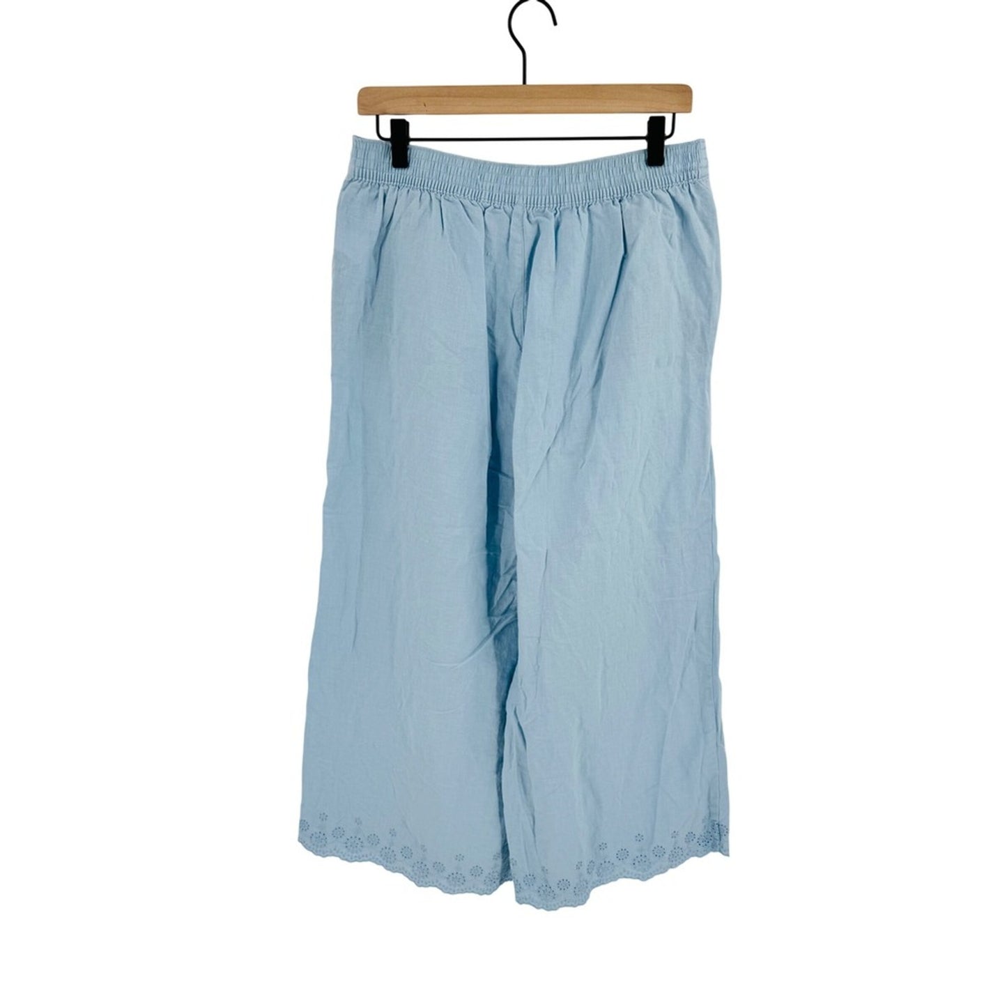 Aura Ashley Linen Blend Eyelet Hem Wide Leg Pants Pastel Blue Large Boho Coastal