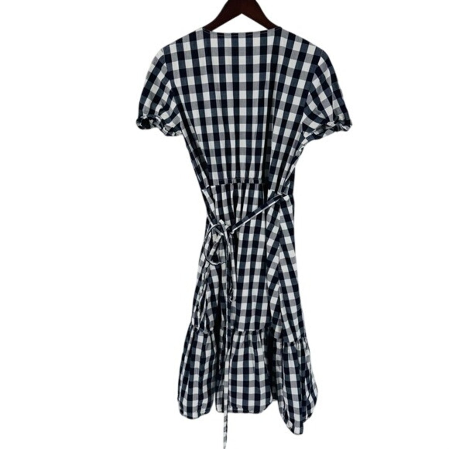 GAP Gingham Wrap Midi Dress Ruffle Hem Cotton Navy Blue White Gingham‎ Size M