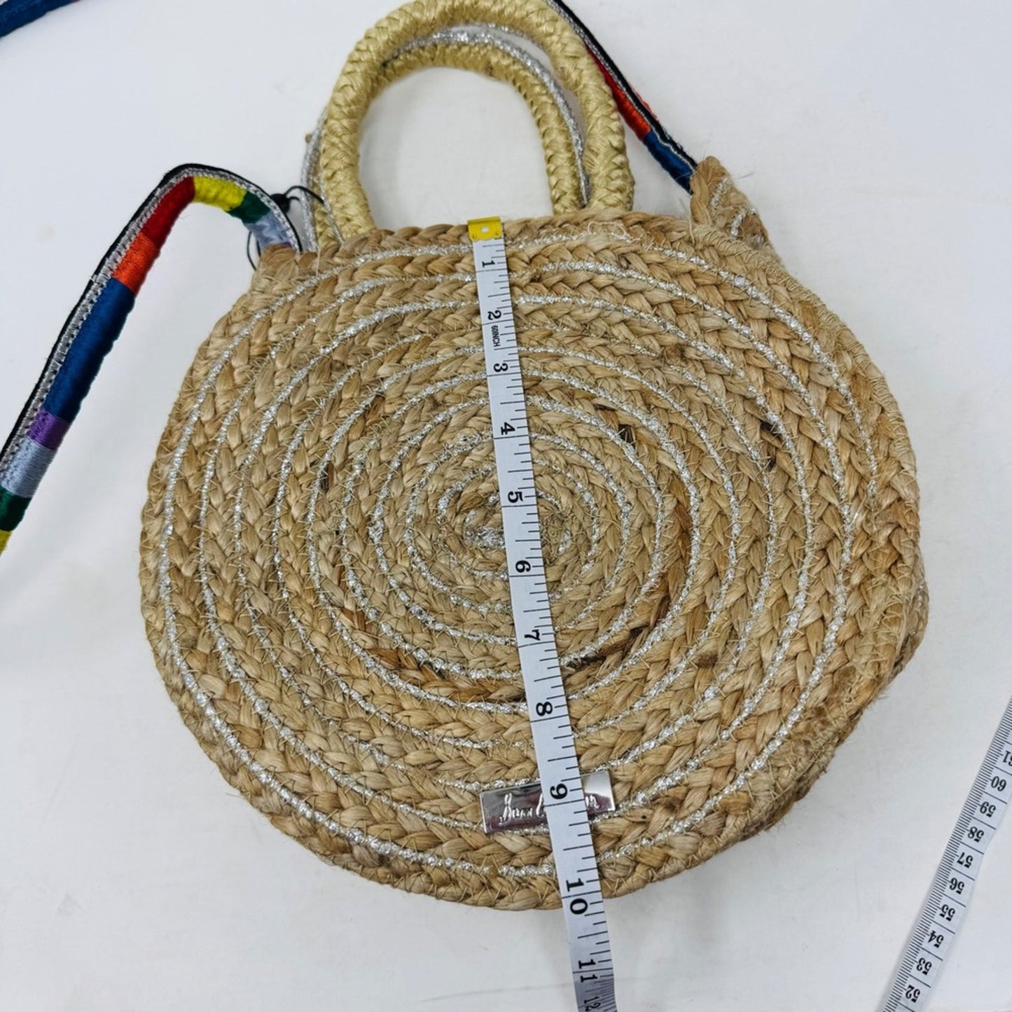 Sam Edelman NWT Round Straw Bag‎ Woven Silver Accents Rainbow Strap