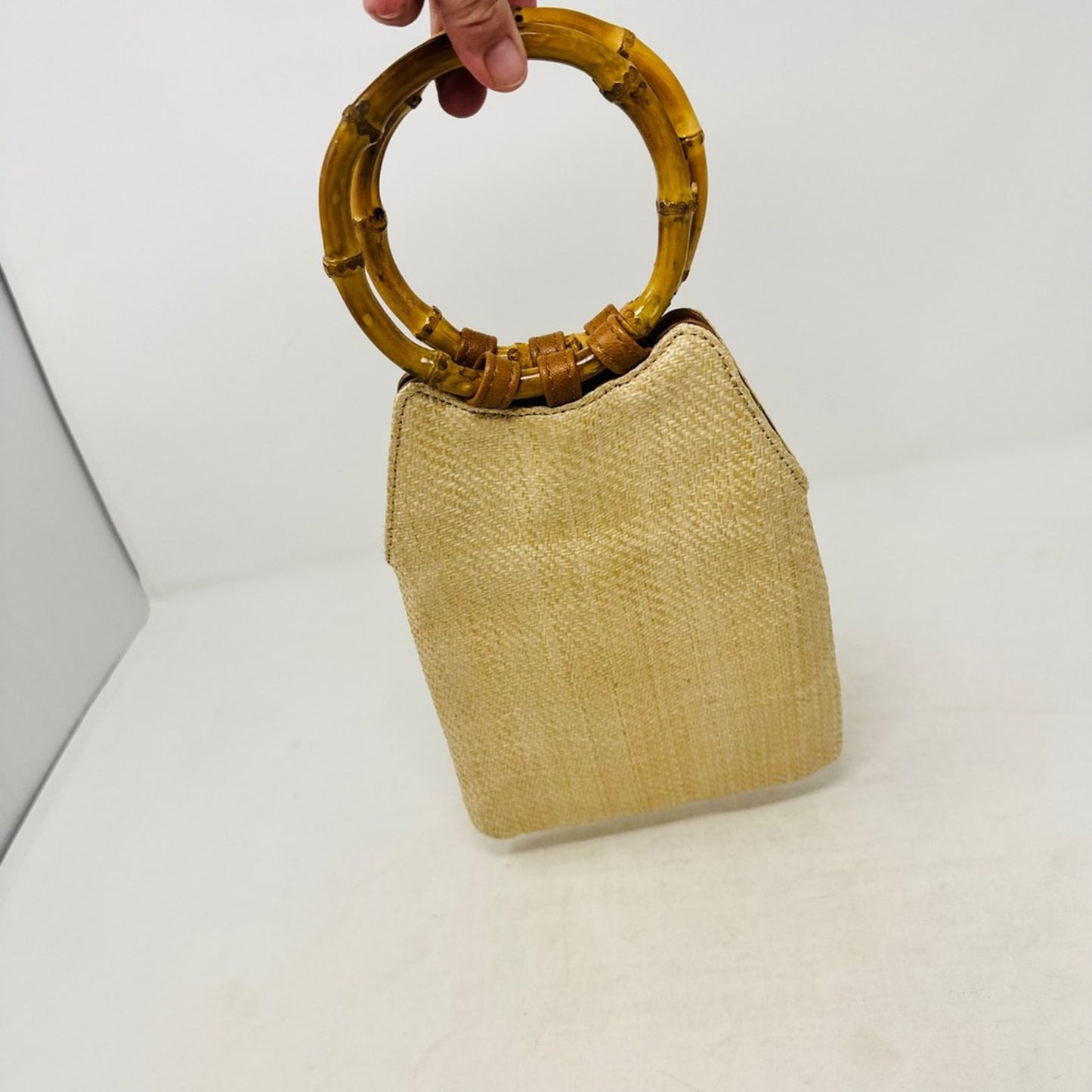 Lulus Small Woven Straw Beige Handbag Bamboo Ring Handle Boho Crossbody Bag Boho