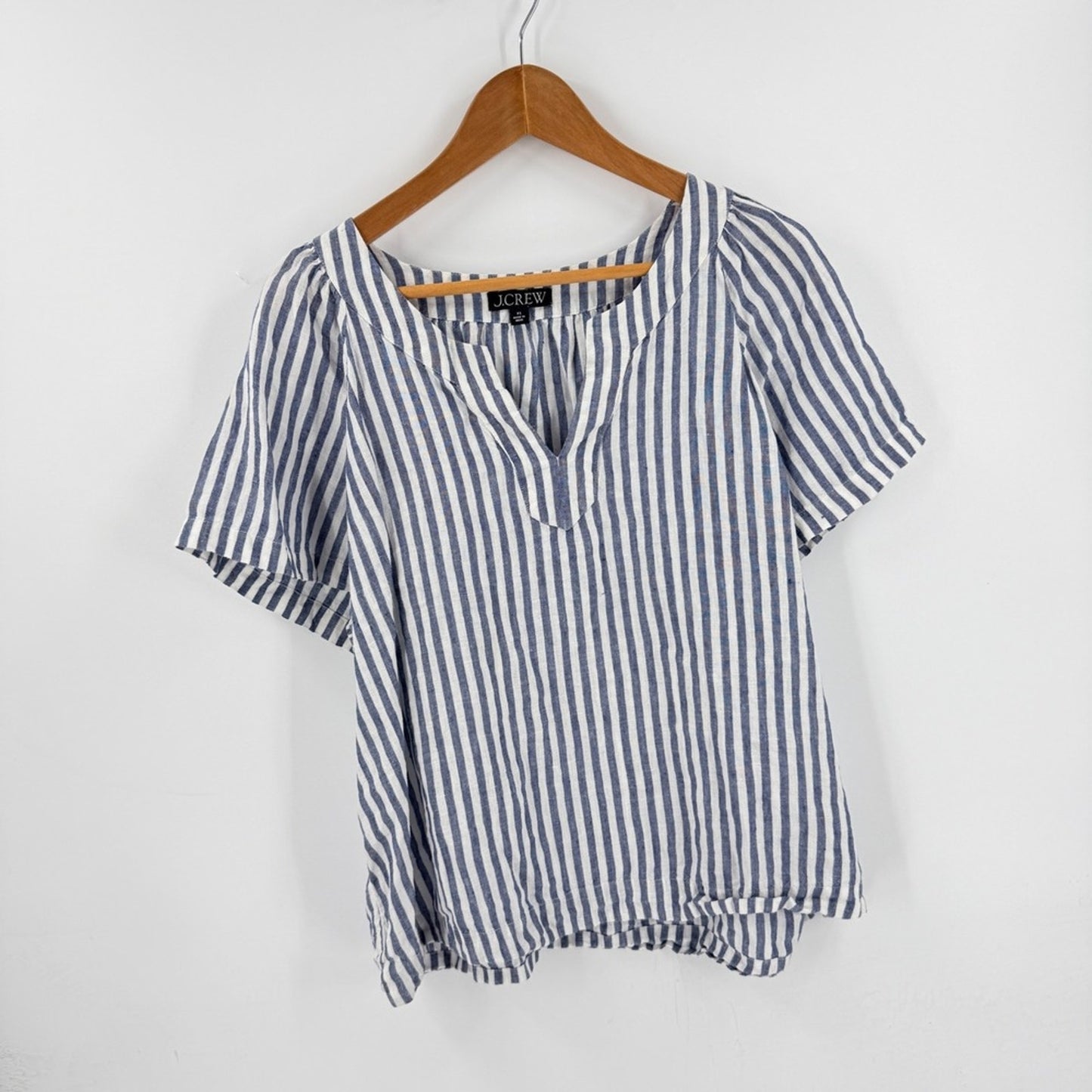 J.Crew Linen Striped Split Neck Top Navy Blue XL Boat Summer Nautical Coastal