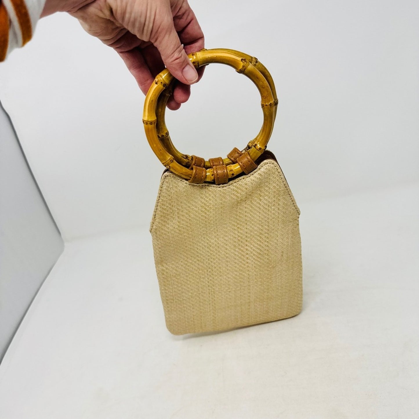 Lulus Small Woven Straw Beige Handbag Bamboo Ring Handle Boho Crossbody Bag Boho