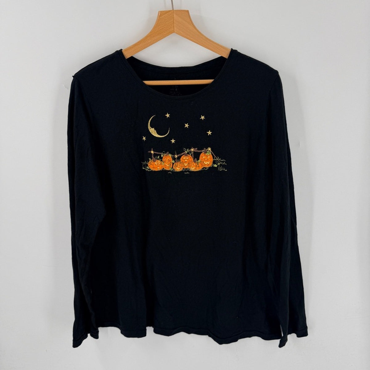 St. John's Bay Embroidered Halloween Long Sleeve Shirt Black XL Pumpkin Moon