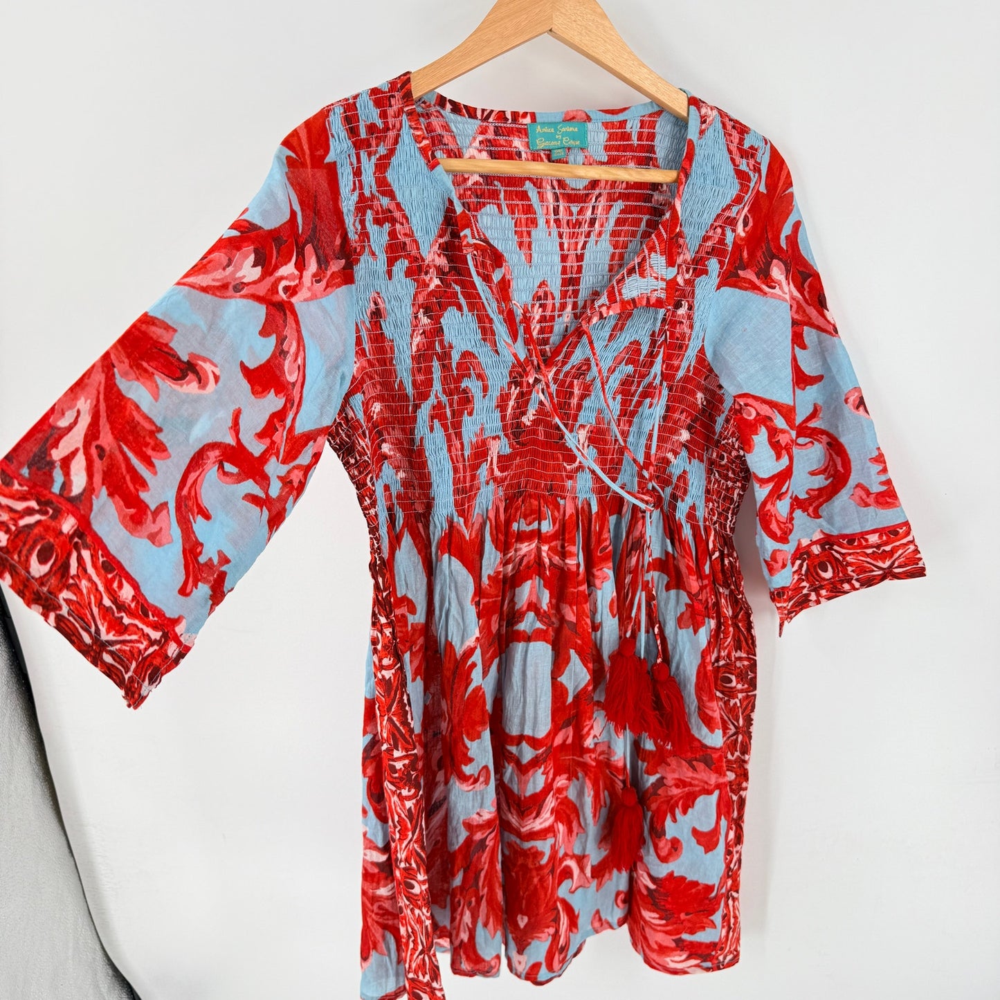Antica Sartoria Cotton Beach Cover Up Red Blue One Size Smocked Tassel