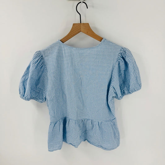 Live 4 Truth Gingham Tie Front Blouse Puff‎ Sleeve Blue Ruffle Peplum Size M