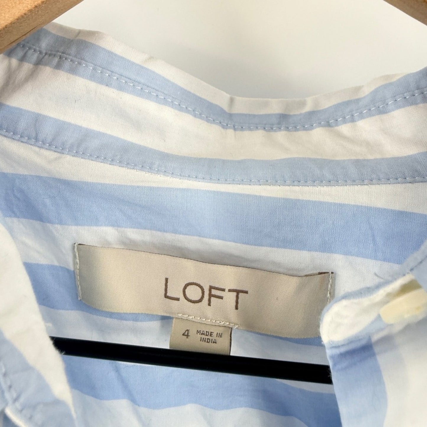 LOFT Powder Blue White Striped Shirt Midi Dress Open Front Size 4 Coastal Preppy
