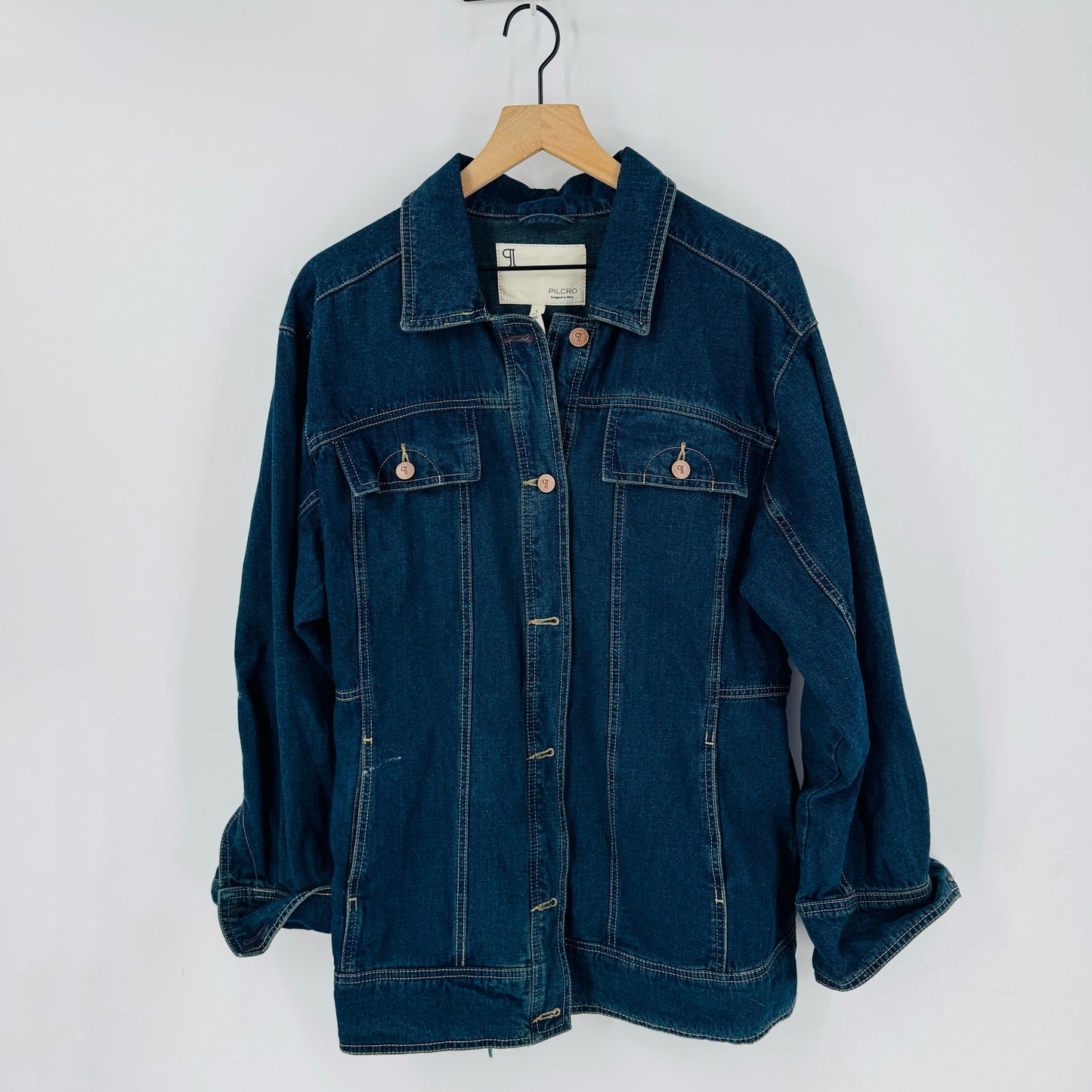 Pilcro Longline Denim Jacket Belted Waist Dark Blue Cotton Linen Blend Size L