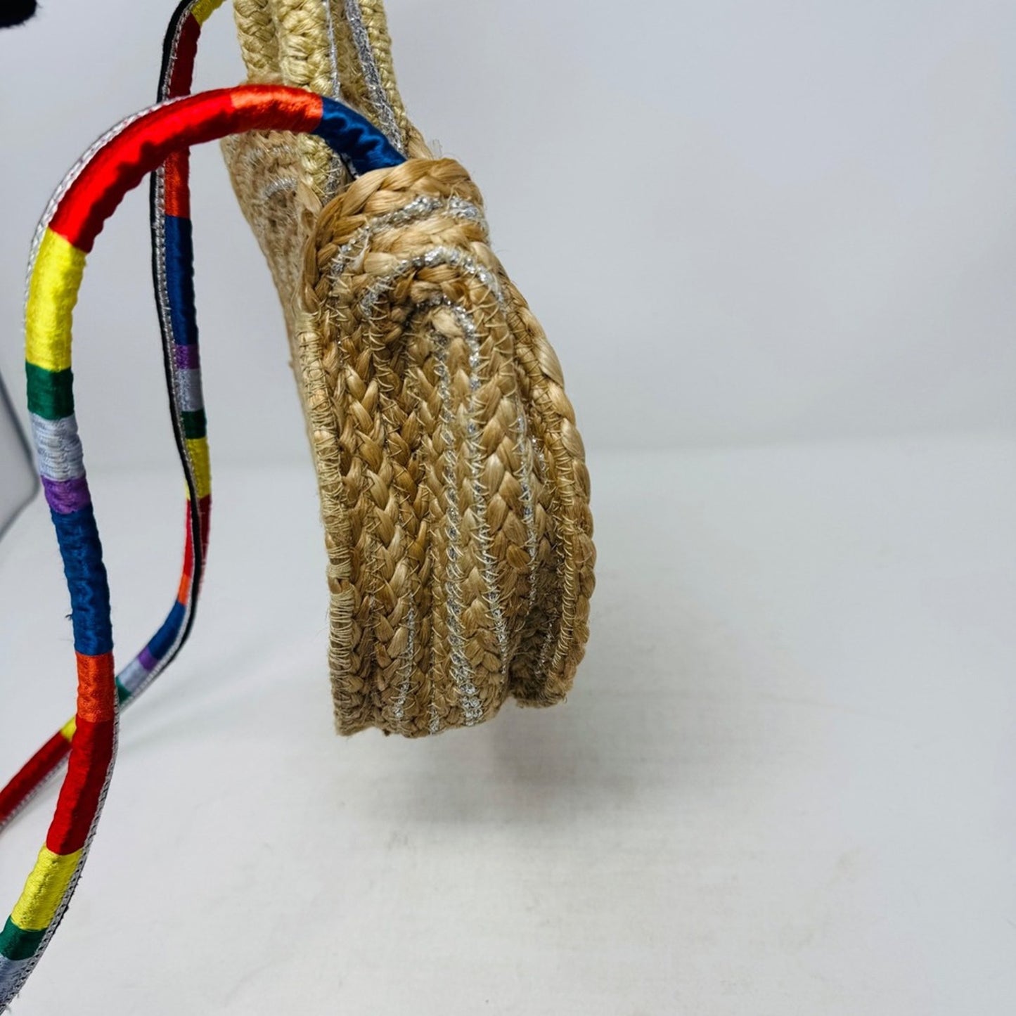 Sam Edelman NWT Round Straw Bag‎ Woven Silver Accents Rainbow Strap