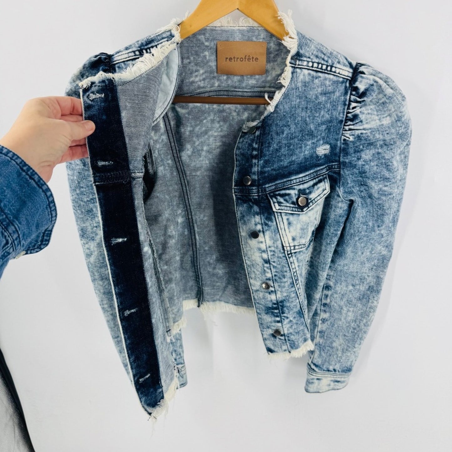 Retrofête Acid Wash Denim Jacket Puff Sleeve Frayed Collar Cuff Cropped Size S