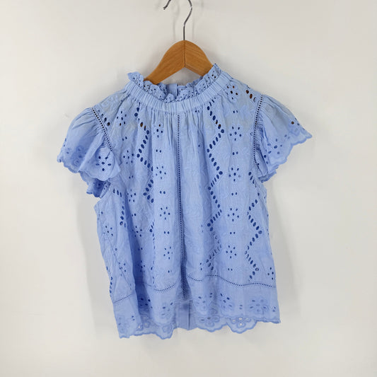 Jennifer & Grace Eyelet Flutter Sleeve Top Blue XS Cottagecore Coastal NWT