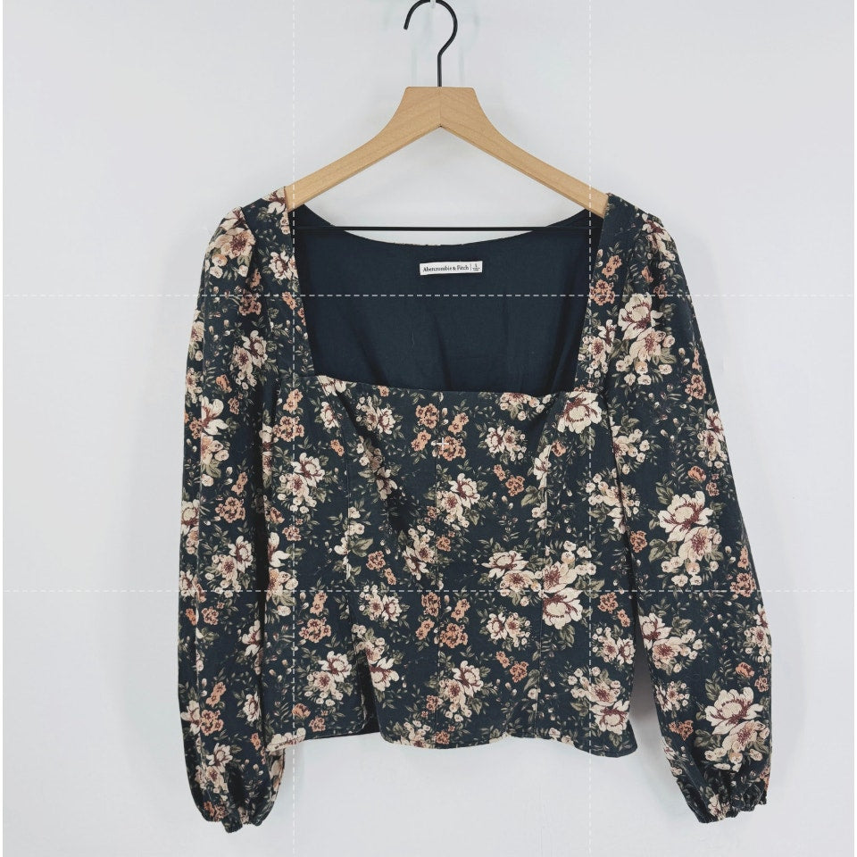 Abercrombie & Fitch Dark Floral Square Neck Corset Romantic Long Sleeve Top Large