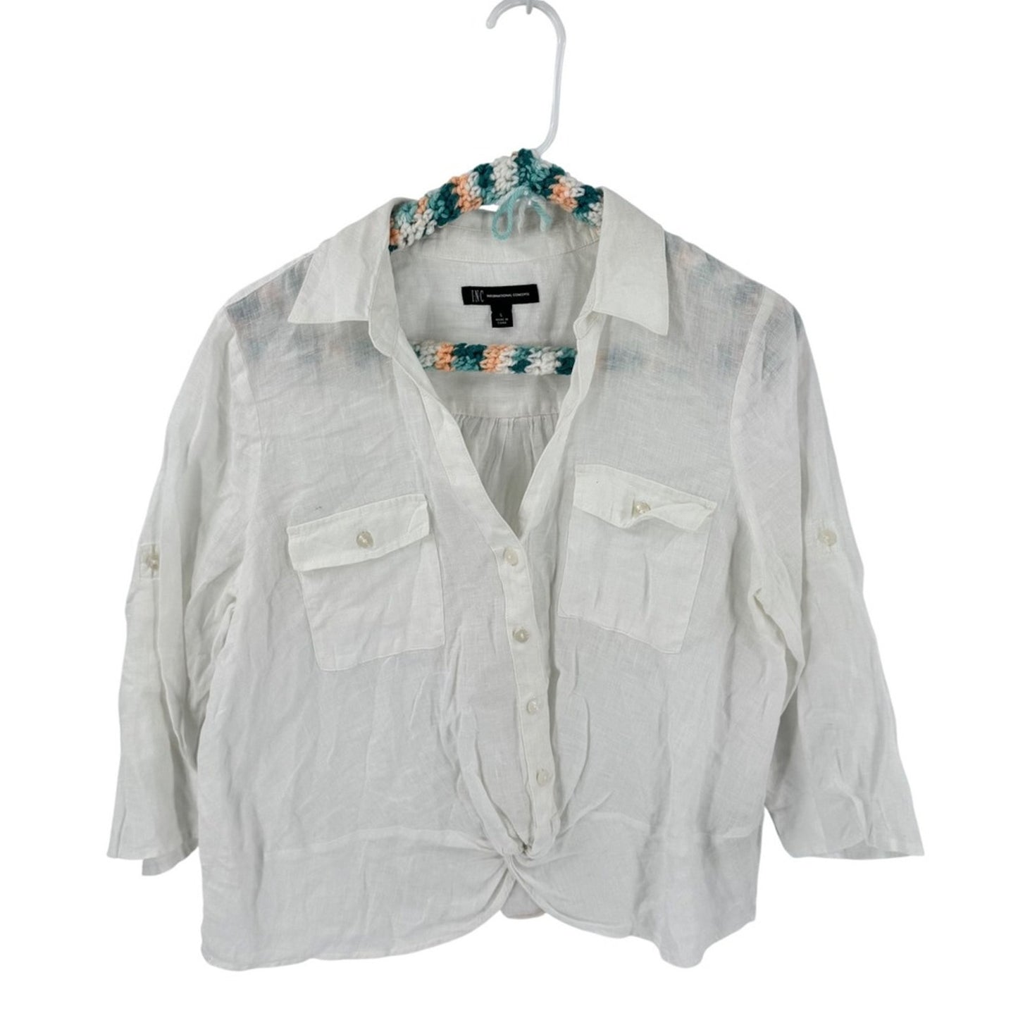 INC Linen Button Down Shirt White Small Coastal Grandma Minimalist Chic