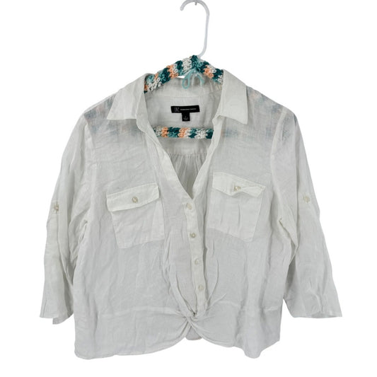 INC Linen Button Down Shirt White Small Coastal Grandma Minimalist Chic
