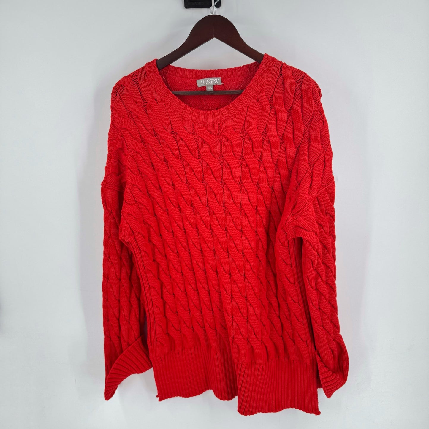 J.Crew Red Cotton Cable Knit Heavy Sweater Size L-XL Side Slit Crewneck Classic