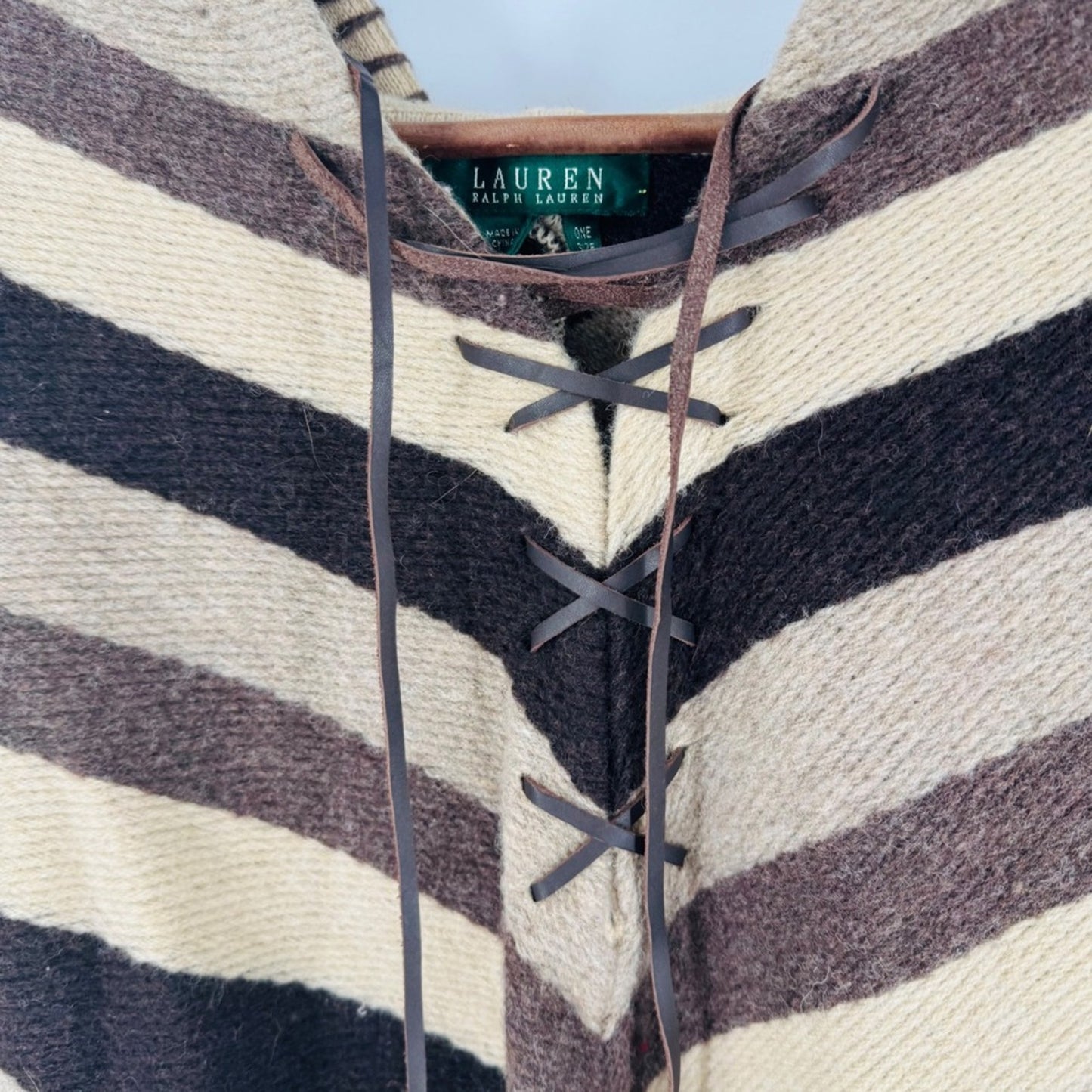 Lauren Ralph Lauren Brown Striped Poncho Wool Leather Lacing One Size Western