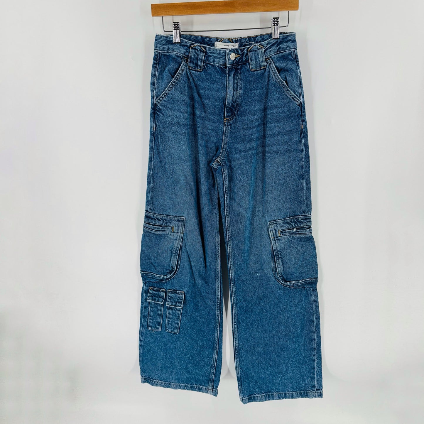 MNG Mango Denim Cargo Jeans Women’s Size 4 Wide Leg Utility Carpenter Style