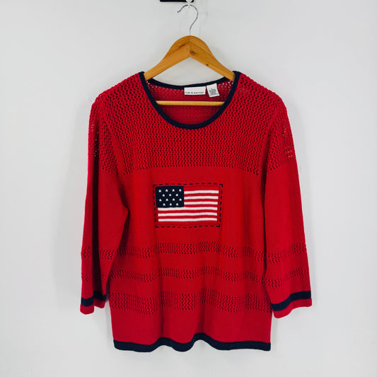 Vintage Croft & Barrow American Flag Knit Sweater Red Patriotic USA Size Large