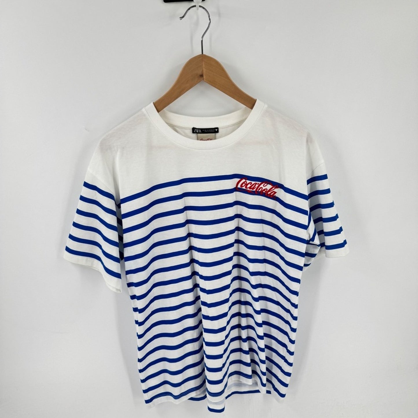 Zara Coca-Cola Striped T-Shirt White Blue Medium Retro Graphic Tee Short Sleeve