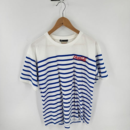 Zara Coca-Cola Striped T-Shirt White Blue Medium Retro Graphic Tee Short Sleeve
