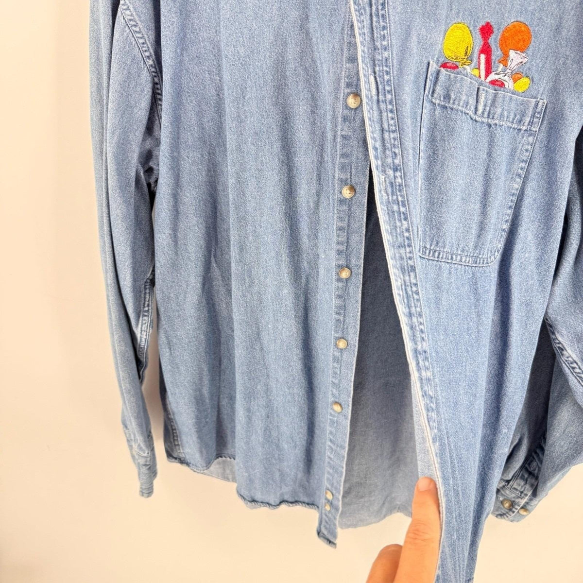 Vintage 90s Haggar Denim Shirt Embroidered Candy Chambray Blue XL Halloween