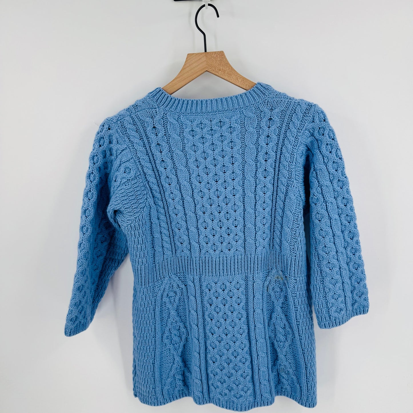 Kilronan Knitwear Irish Merino Wool Blue Aran Cardigan Buttons Small Fisherman