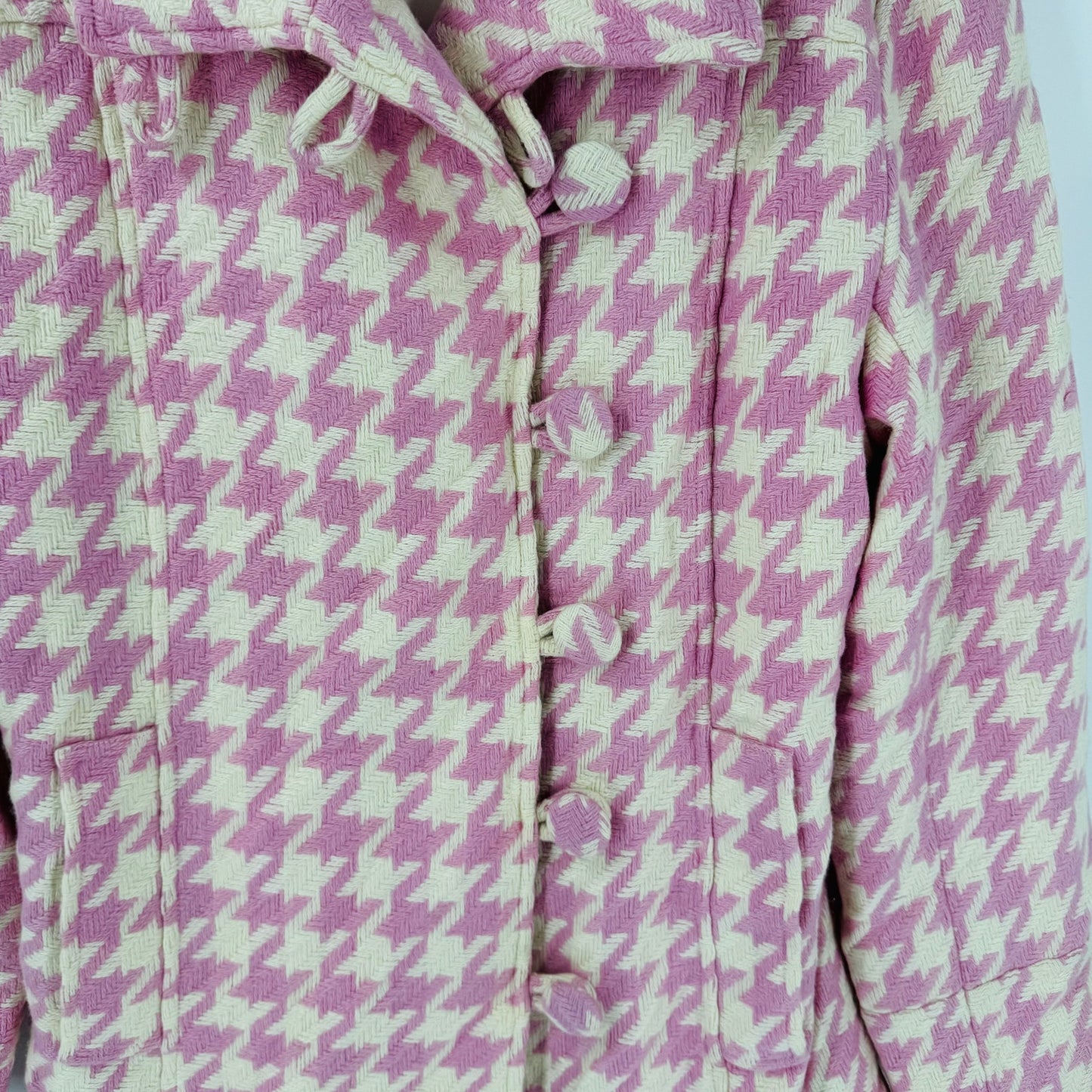 Coffee Shop Pink Cream Houndstooth Wool Blend Coat Off Center Buttons Size XL