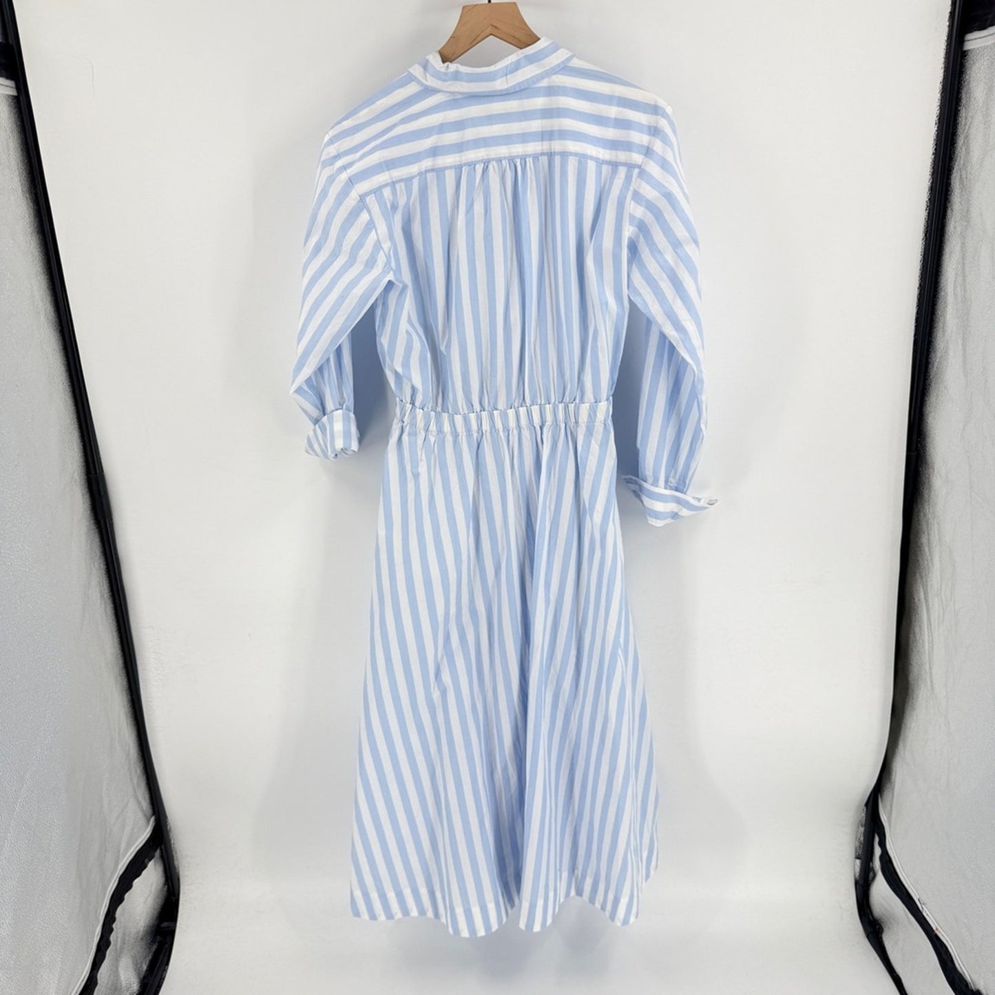 LOFT Powder Blue White Striped Shirt Midi Dress Open Front Size 4 Coastal Preppy
